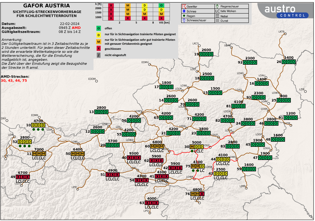 Beispiel GAFOR Österreich, Schlechtwetterrouten